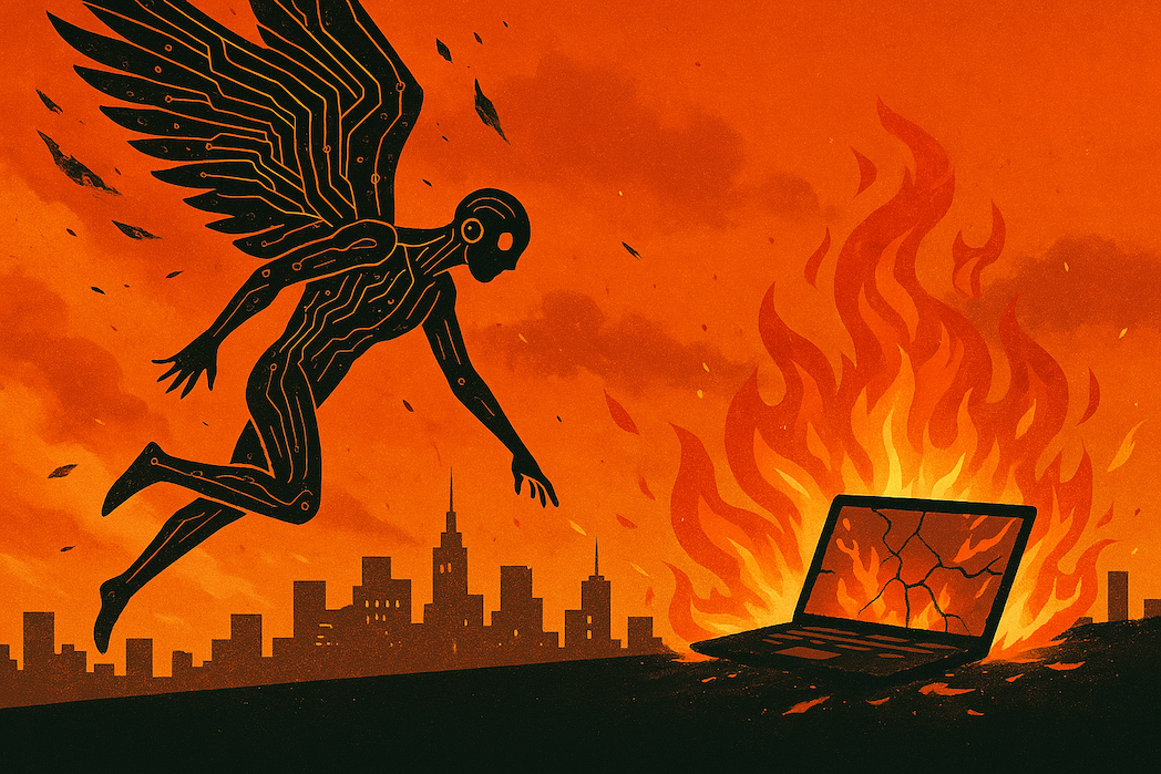 Illustration of a black, winged humanoid figure with glowing, circuit-like lines, flying above a cityscape toward a burning laptop. The sky is rendered in warm orange tones, while large flames erupt from the cracked screen.