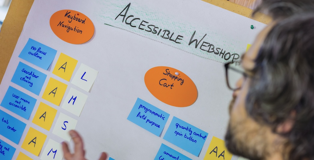 A person is looking at a whiteboard with sticky notes and headings about building an accessible webshop. The board has categories like “Keyboard Navigation” and “Shopping Cart” with handwritten notes on accessibility issues such as missing focus outlines, search bar not closing, and programmatic field purpose. Colored sticky notes with letters (A, L, M) are used to mark items.