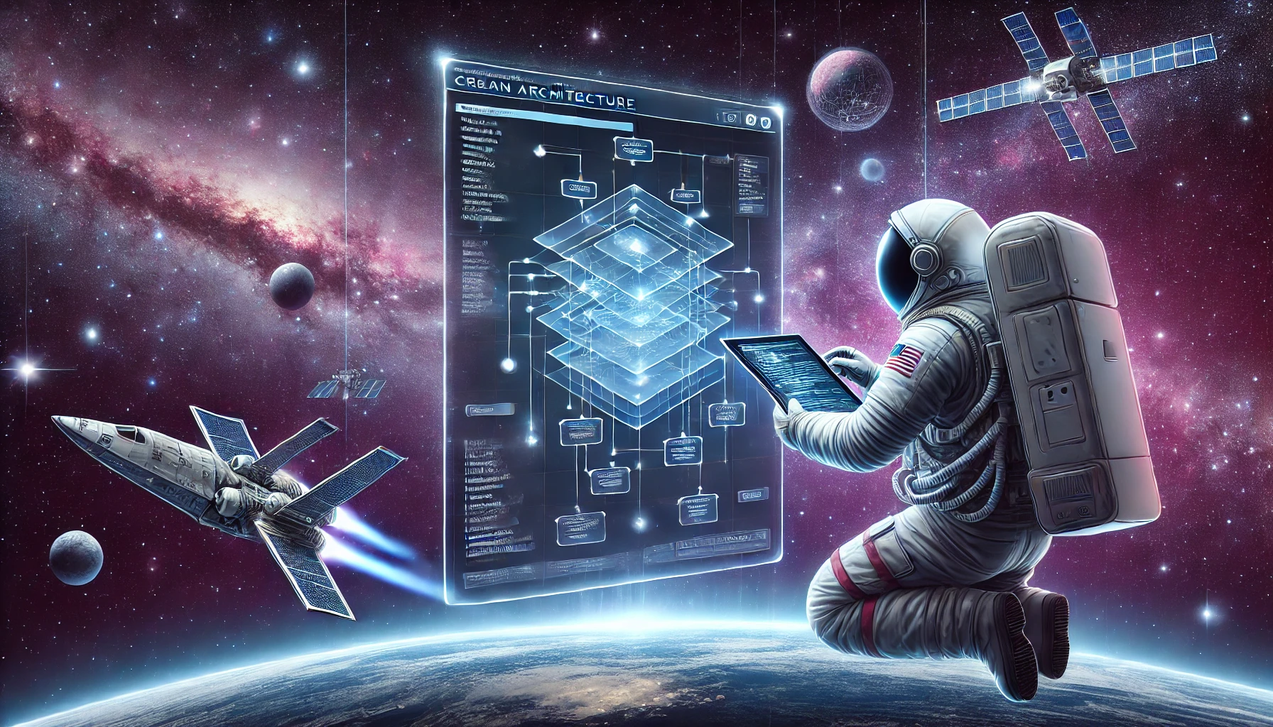 Ein Astronaut schwebt im Weltraum über der Erde und bedient ein Tablet, während vor ihm ein großes, leuchtend blaues holografisches Diagramm mit der Überschrift „Clean Architecture“ schwebt. Das Diagramm zeigt mehrere transparente Schichten und Verbindungslinien, die eine komplexe Software-Architektur darstellen. Im Hintergrund sind Sterne, Planeten, ein Raumschiff und Satelliten zu sehen.