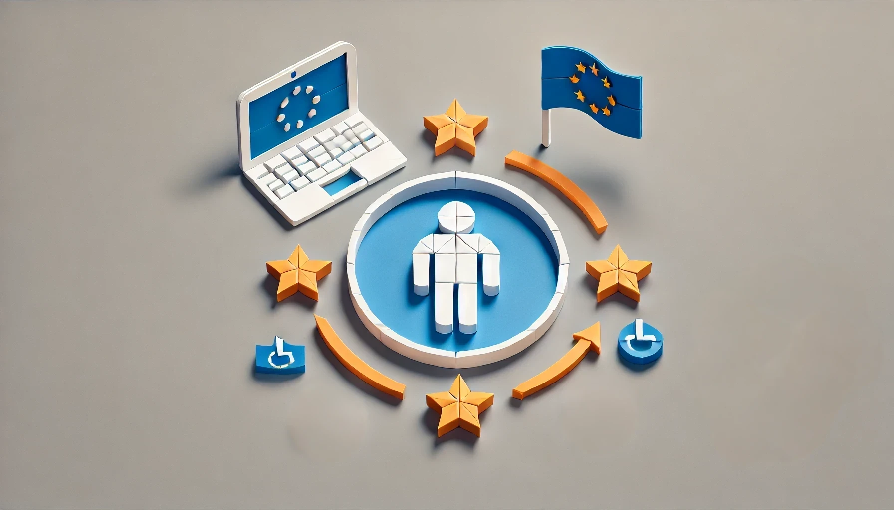 Illustration im 3D-Papierstil mit einer stilisierten menschlichen Figur in einem blauen Kreis in der Mitte. Darum angeordnet sind gelbe Sterne, orange Pfeile sowie Symbole wie ein Laptop mit EU-Sternen, eine EU-Flagge, ein Rollstuhlsymbol und ein Ein-/Ausschalter-Symbol. Das Design vermittelt ein Thema zu Barrierefreiheit und europäischen Standards.