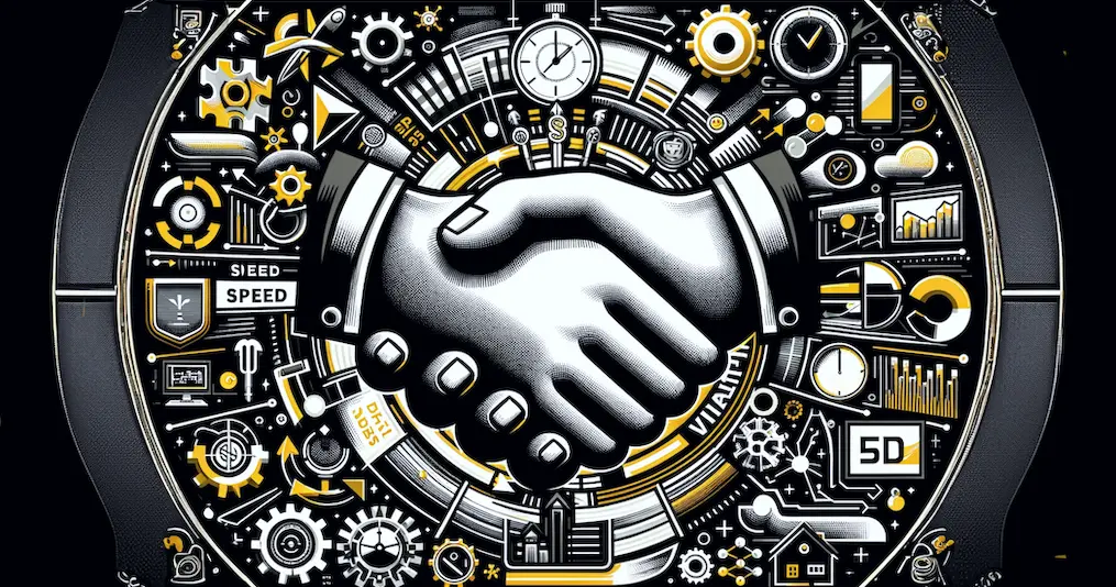 Detailreiche Illustration eines Handschlags in der Bildmitte, umgeben von einer Vielzahl technischer und mechanischer Symbole, Zahnräder, Diagramme und Icons in Schwarz, Weiß und Gold. Die Elemente wirken wie miteinander verbunden und symbolisieren Zusammenarbeit, Innovation und Technologie.