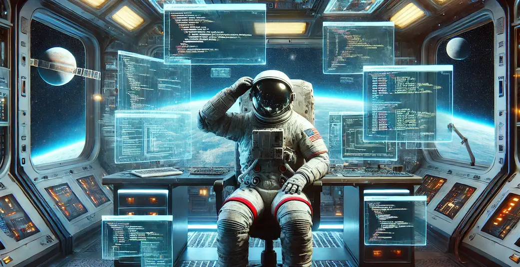 An astronaut sits in a space station at a desk, thinking about code problems. He is surrounded by multiple floating transparent screens displaying lines of code and technical data. Through the large windows, Earth, the Moon, and other celestial bodies in space are visible.
