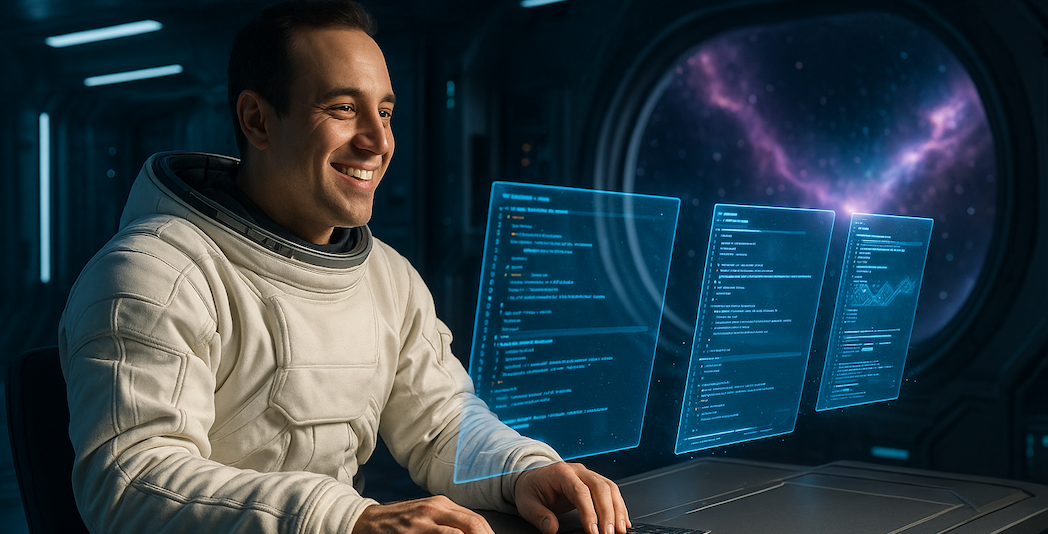A man in a white space suit is smiling while working on a futuristic transparent screen with code and charts. He is inside a spaceship with a large round window showing a purple nebula.