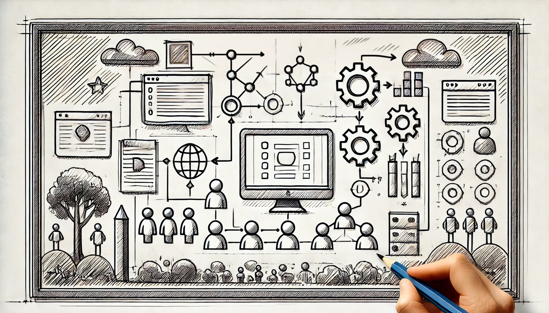 Handgezeichnete Illustration eines abstrakten Flussdiagramms zur Integration von Standardsoftware. Zu sehen sind Symbole wie Zahnräder, Netzwerke, Diagramme, Computerbildschirme, Personen-Icons und Cloud-Symbole, die durch Pfeile verbunden sind und Zusammenarbeit, Automatisierung sowie digitale Prozesse darstellen.