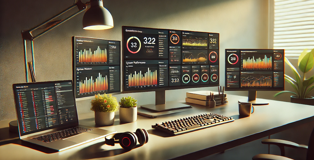Ein hyperrealistisches Foto im Breitbildformat mit einer Szene in einer Home-Office-Umgebung. Der Raum ist sehr ordentlich und aufgeräumt. Zu sehen ist nur ein Schreibtisch mit mehreren Monitoren, einem Laptop links und einem großen Over-Ear-Kopfhörer, der rechts auf dem Schreibtisch liegt. Außerdem gibt es eine Blume. Ansonsten ist das Bild puristisch gestaltet. Es soll den Arbeitsplatz eines Entwicklers darstellen und in weiches Licht tauchen. Nahaufnahme der Bildschirme, auf denen der Inhalt „Monitors, Alarms, Metrics“ zu erkennen ist.