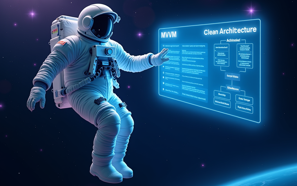 An astronaut in space floats in front of a holographic screen displaying “MVVM” and “Clean Architecture.” The screen features diagrams, flowcharts, and text blocks in glowing blue, with stars and the edge of a planet visible in the background.