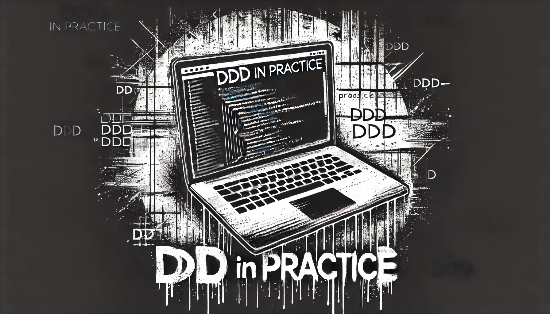 Markantes, urban inspiriertes Design mit einer schwarz-weißen Illustration eines Laptops, auf dessen Bildschirm der Text „DDD IN PRACTICE“ und Codezeilen zu sehen sind. Der Hintergrund ist mit grafischen Linien, Schriftfragmenten und Graffiti-ähnlichen Elementen gestaltet.