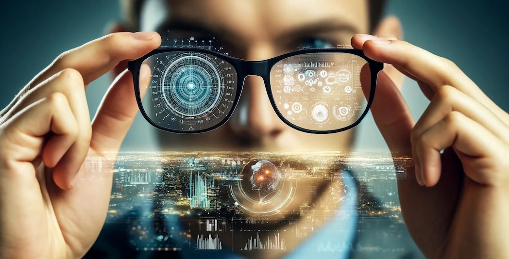 Close-up of a man wearing glasses with transparent digital displays. The lenses show holographic user interfaces with charts, icons, and target-like elements. In the foreground, a futuristic cityscape with additional digital overlays is visible.