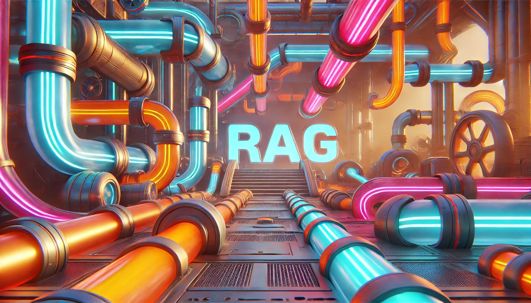 Showing RAG in the middle of the picture and surrounded by futuristic pipelines in blue, orange and pink