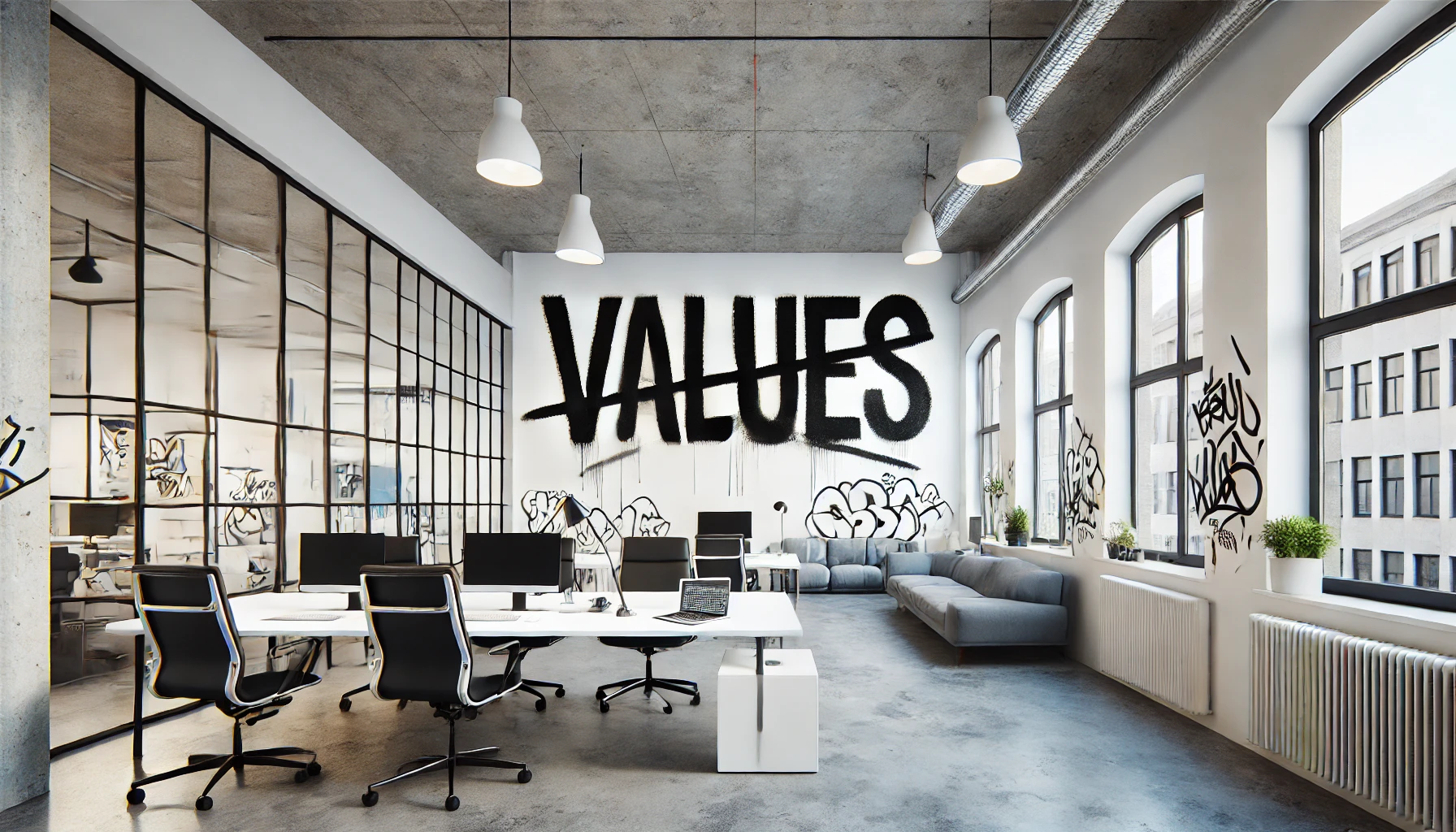 Modern, bright office with large windows and industrial design. A large black graffiti word “VALUES” with a diagonal strike-through dominates the back wall, surrounded by additional graffiti artwork. The space features desks with computers, black office chairs, and a gray sofa area, with plants placed on the windowsills.