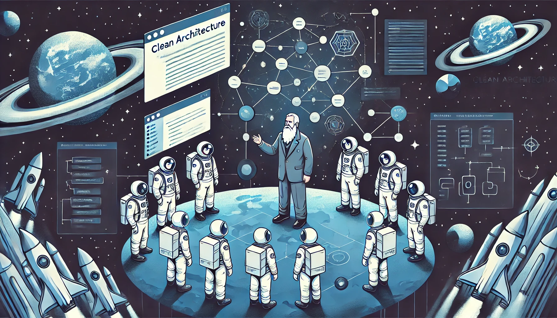Ein Professor spricht im Weltraum mit Astronauten-Studierenden über Clean Architecture.